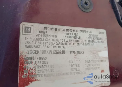 1998 Chevrolet K1500 Fleetside z USA, uszkodzony, nr VIN 2GCEK19RXW1269210